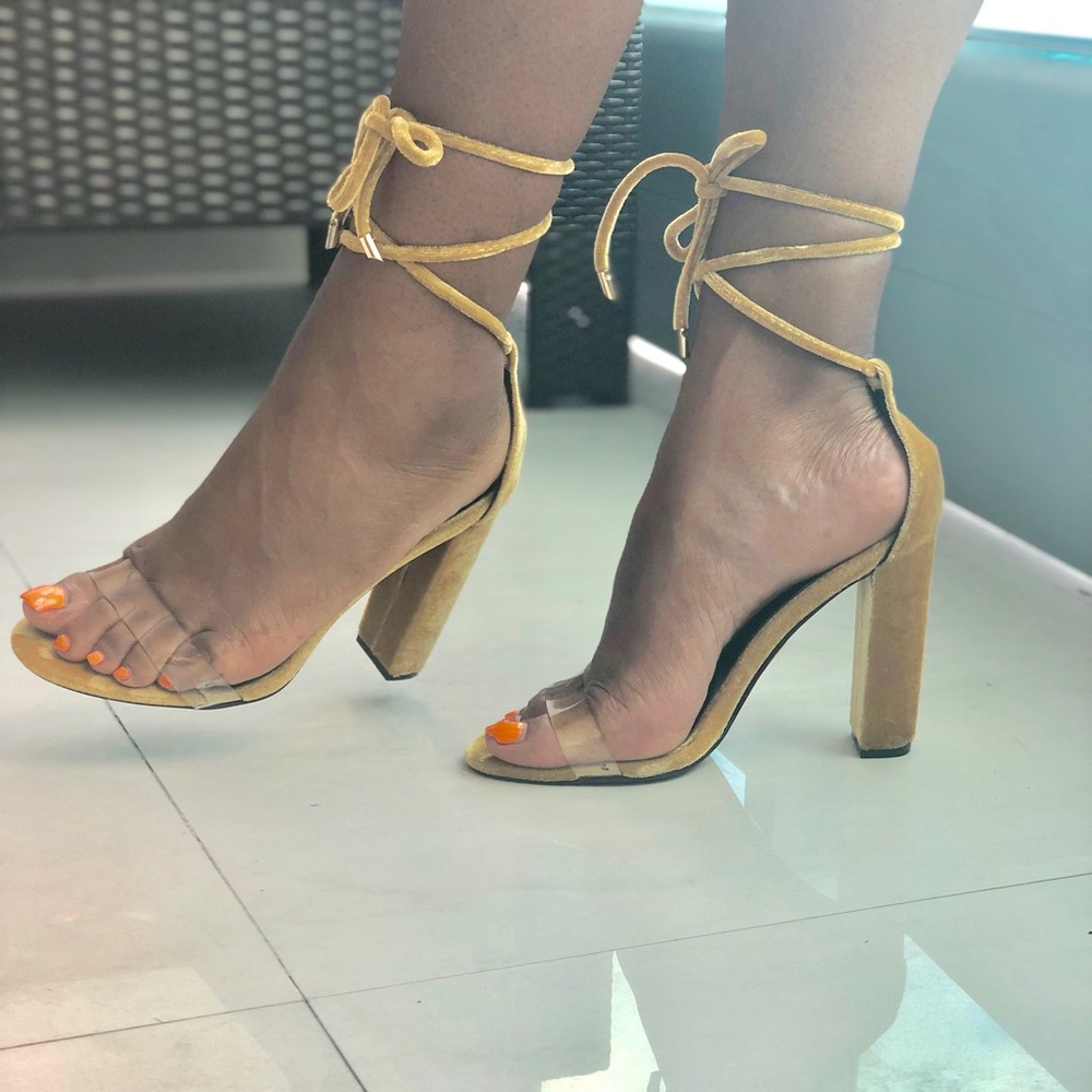 SOLD Gold velvetine heels w/ clear toe strap